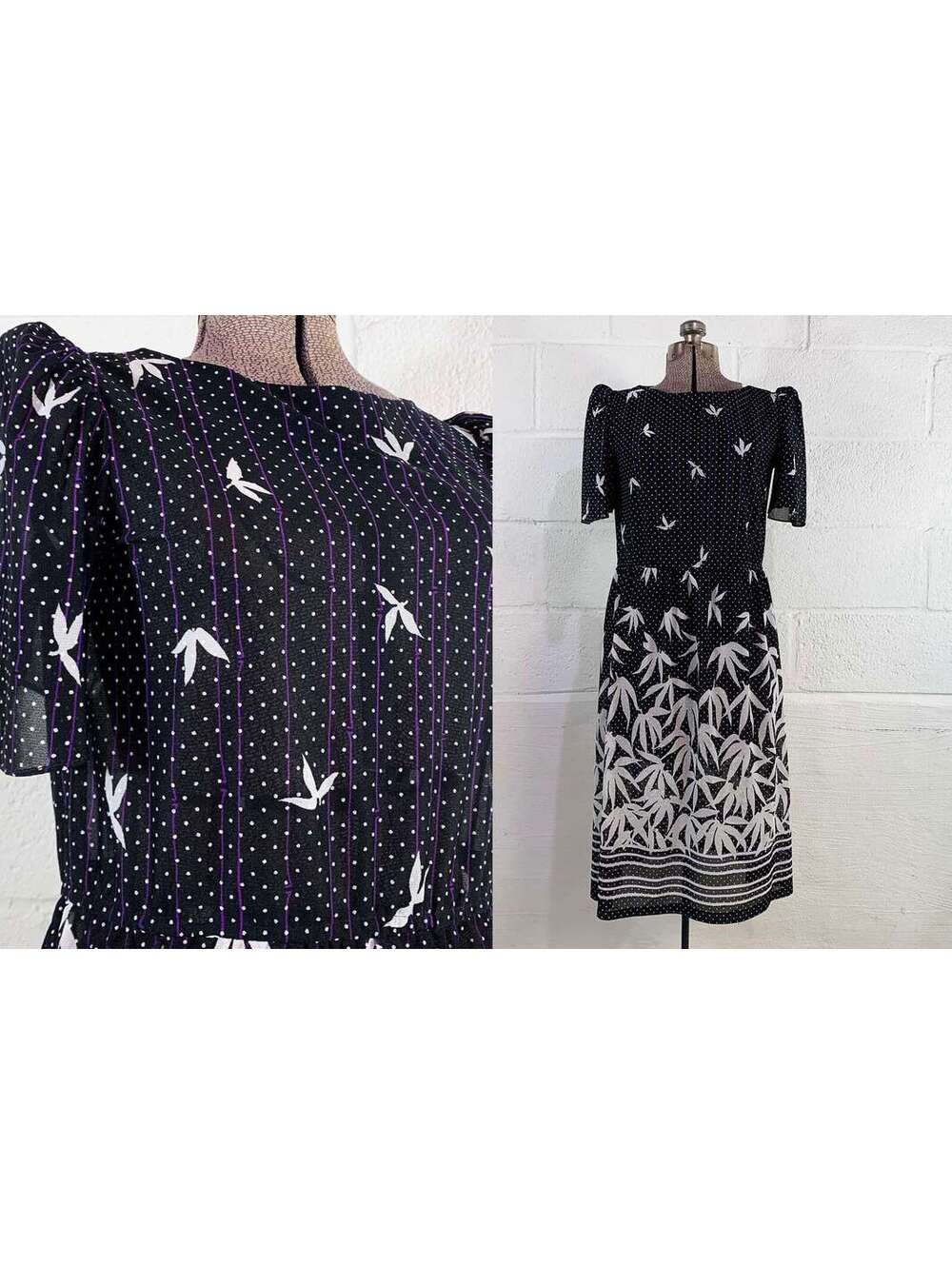 Sheer Floral Dress Short Sleeves Black Midi Wedding Bridesmaid 1970s Medium